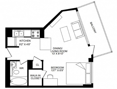 Floor plan for studio, 1 bath, 430 sqft